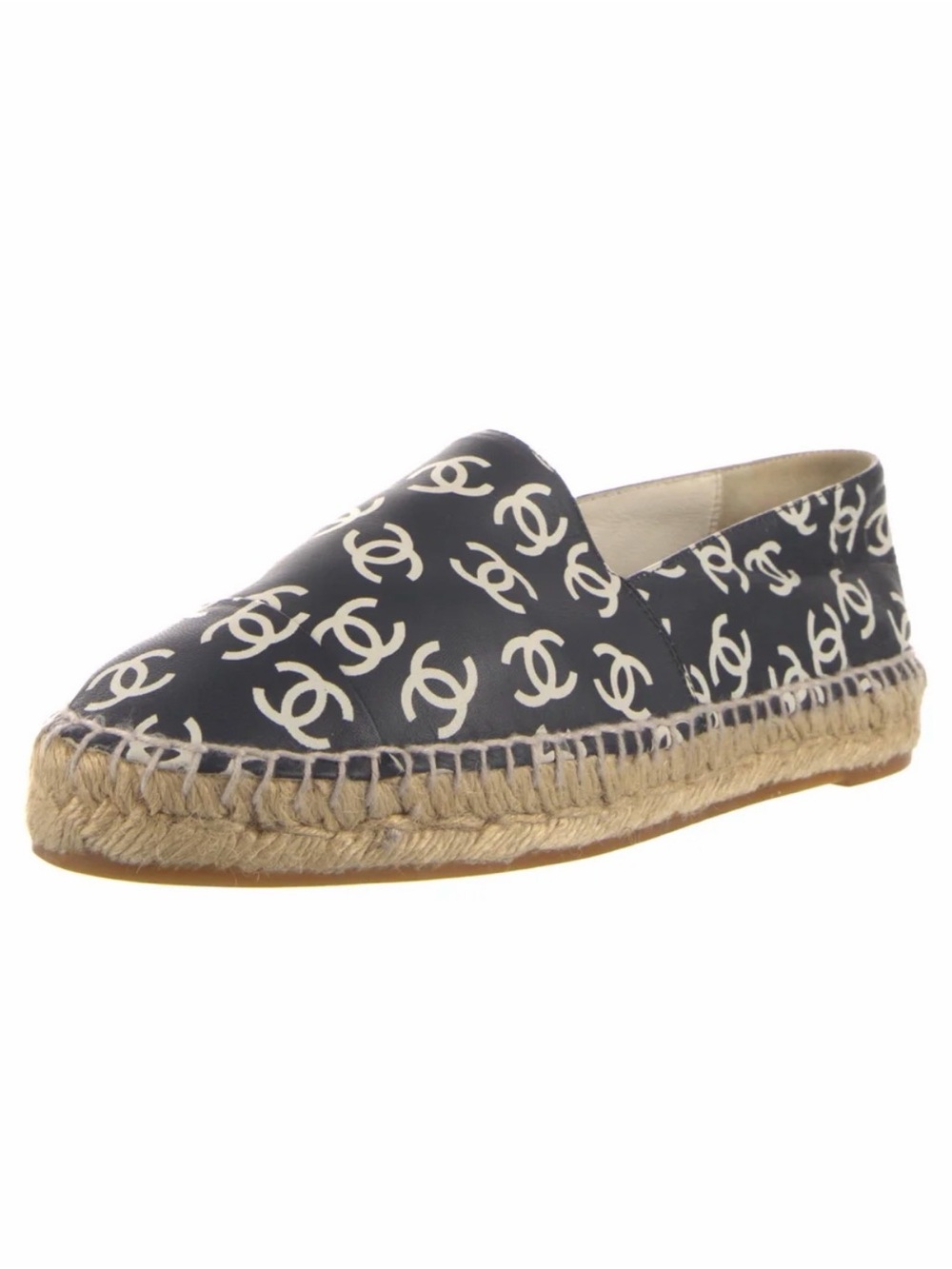 CHANEL Navy Leather CC Logo Espadrille Slip-On